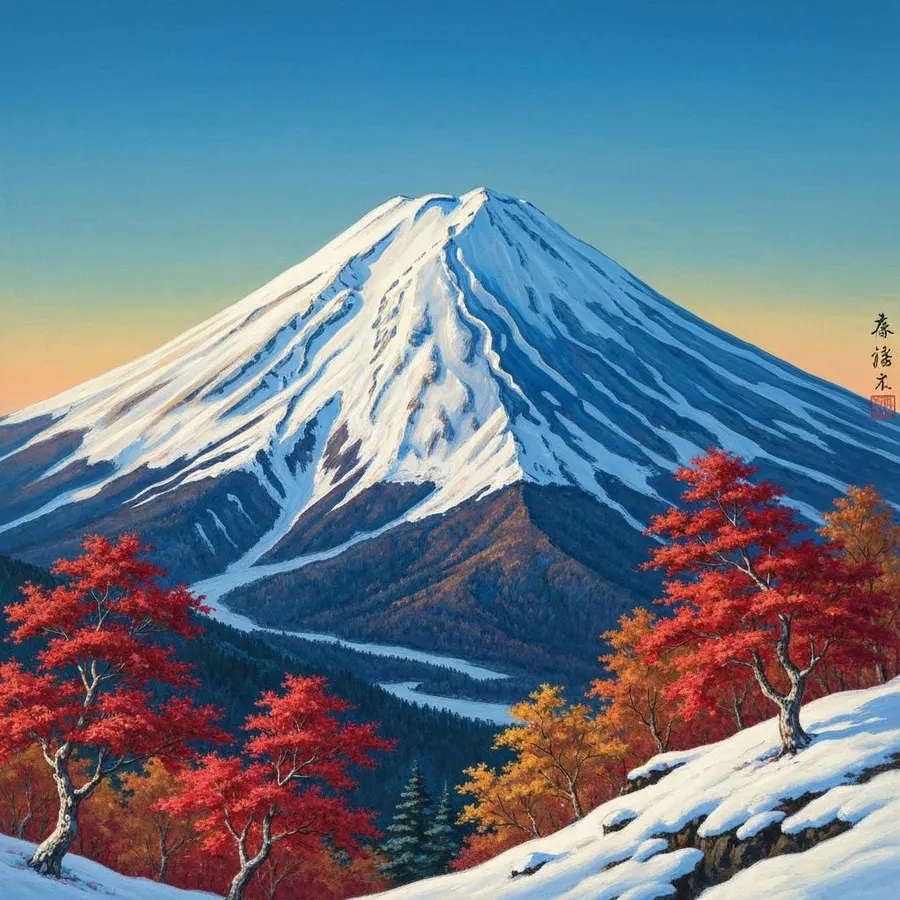 Illustration of a snow-capped volcano above autumn trees